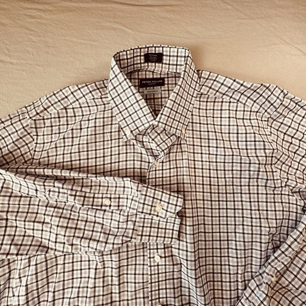 Peter Millar Long Sleeve Shirt Summer Chambray Plaid Button Down Blue Mens XL